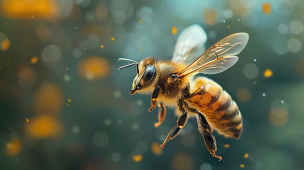 A bee hovering in the air while collecting pollen photo