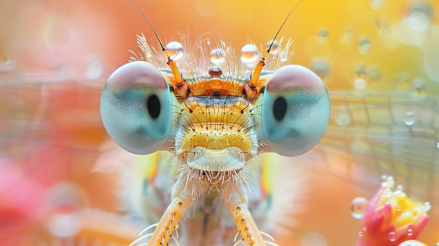 A vibrant and healthy looking dragonfly with iridescent blue wings and orange legs, photo