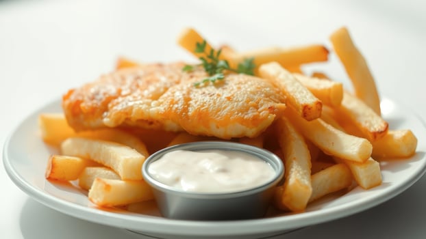 Close-up of Crispy Fish and Chips with Creamy Sauce photo