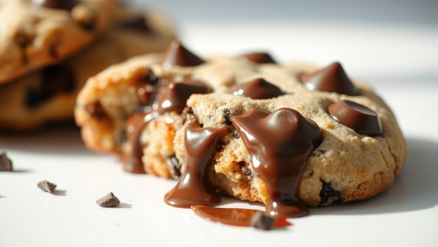 Close up of a chocolate chip cookie with melted chocolate photo