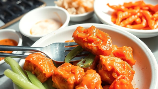 Close up of orange chicken on a fork with celery and green peppers in a white bowl photo