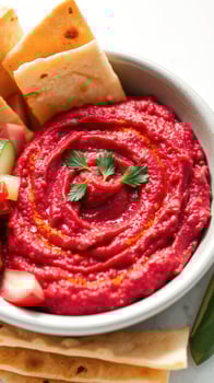 Beetroot Hummus with Pita Bread and Fresh Veggies photo