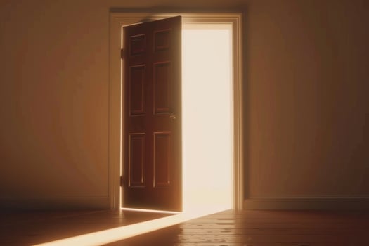 Open door emitting light possibilities growth achievements concept motivation learning skills knowledge heaven doors exit abstract simple background new ways entering leaving space photo