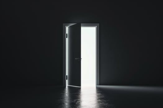 Open door emitting light possibilities growth achievements concept motivation learning skills knowledge heaven doors exit abstract simple background new ways entering leaving space photo