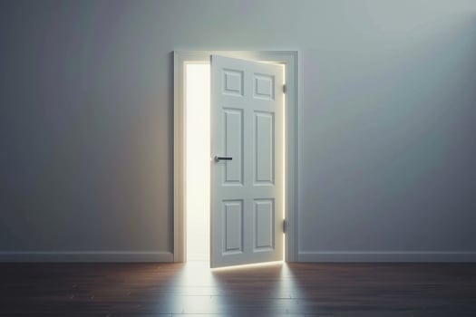 Open door emitting light possibilities growth achievements concept motivation learning skills knowledge heaven doors exit abstract simple background new ways entering leaving space photo