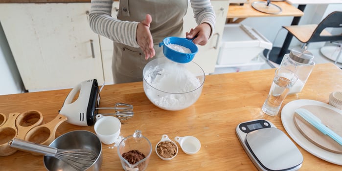 Professional setup for baking with bowls and kitchen tools photo
