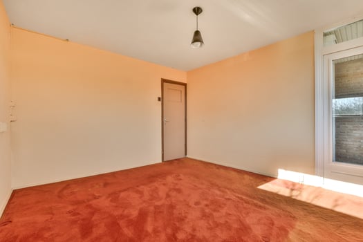 An empty room with a red carpet and a door photo