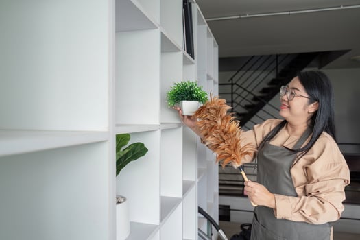 Smiling housekeeper dusting and arranging in office environment photo