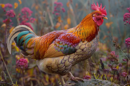 Vibrant rooster standing among colorful flowers in a field photo