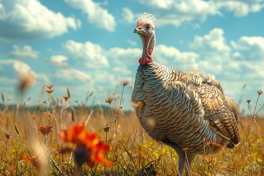 A turkey is standing among a colorful field of blooming flowers photo