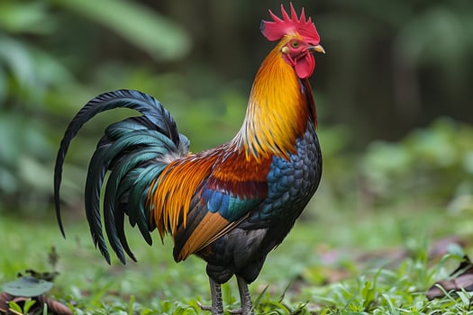 A vibrant rooster is featured prominently standing in lush green grass photo