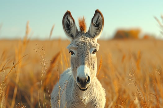A small donkey stands among tall grass in a field photo