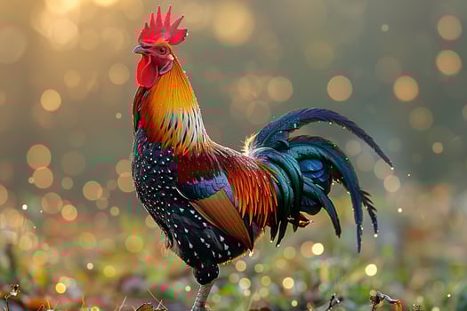 Vibrant rooster perched on grass-covered field photo