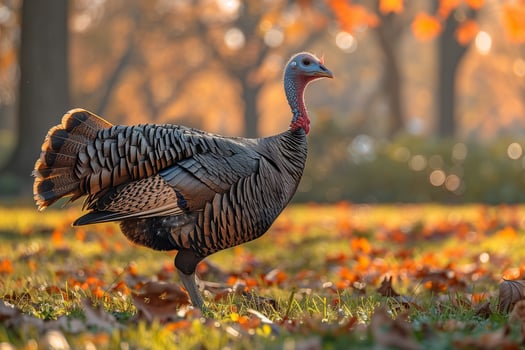 A turkey in a field filled with autumn leaves photo