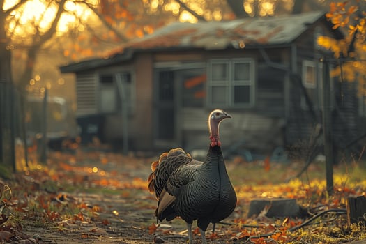 A turkey standing in front of a house in the yard photo
