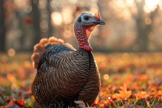 A turkey foraging for food amidst a field of fallen autumn leaves photo