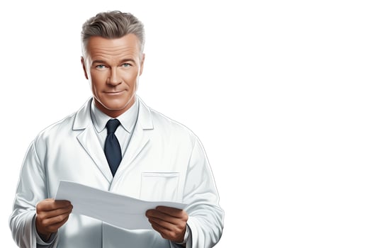 Doctor in white lab coat and black tie is holding piece of paper. Concept of professionalism and authority. . Medical worker on white background. photo