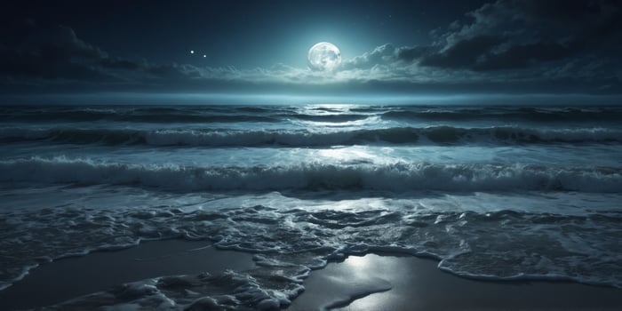 a moonlit beach with the full moon casting a silver path across the dark waters and illuminating the foamy edges of the waves as they meet the shore. photo