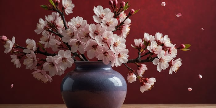 Cherry Blossoms in a Vase using Red Background. photo
