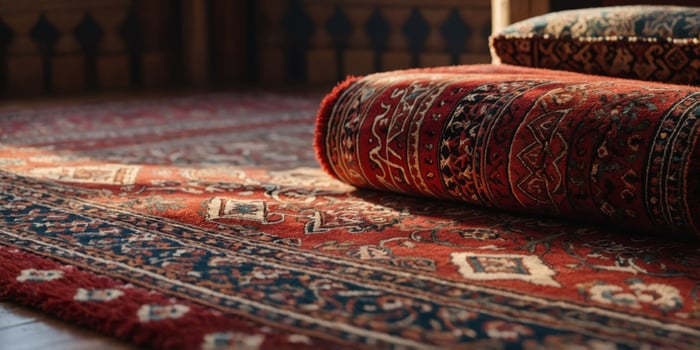 A gorgeous red rug with classic Arabic designs inspired by the past. photo