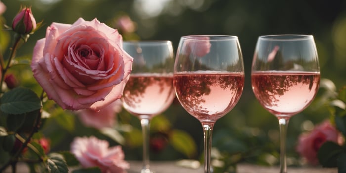Rose wine pouring into glasses in a blooming garden. photo