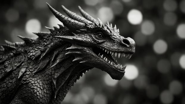 A black-and-white drawing of a dragon with its mouth agape. photo