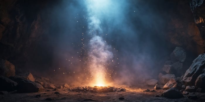 Light rays pierce through smoke and mist in a dark cave. photo