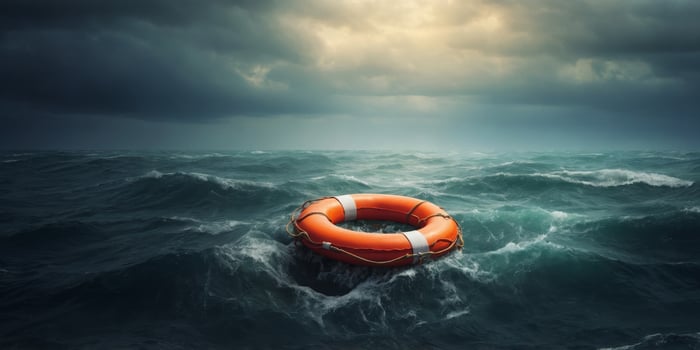 Lifebuoy floating on sea in storm weather. photo