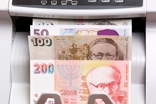 Israeli new shekel in the counting machine photo