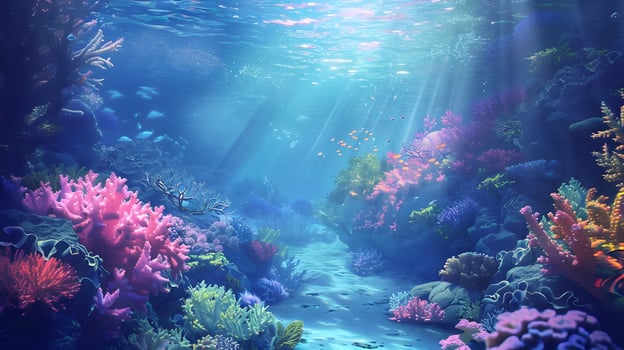 Beautiful underwater scenery with various types of fish and coral reefs photo