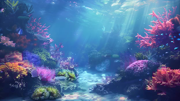 Beautiful underwater scenery with various types of fish and coral reefs photo