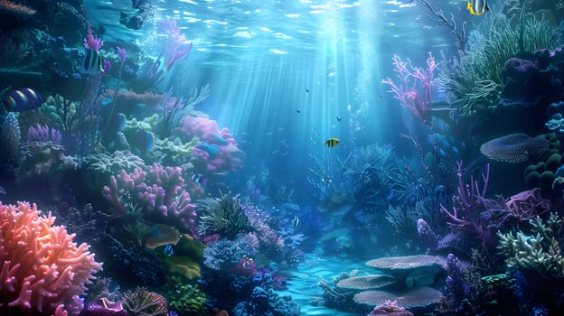 Beautiful underwater scenery with various types of fish and coral reefs photo