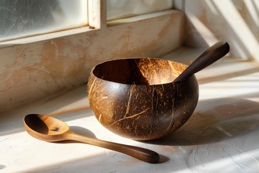 Coconut bowl and spoon resting on sunlit surface photo