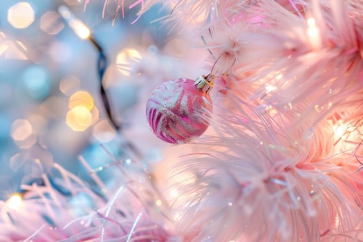 Pink and silver glitter christmas ornament hanging on a white christmas tree with white lights photo