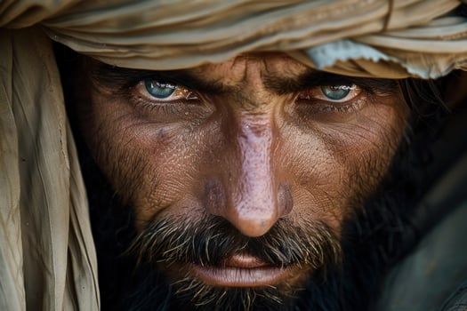 Afghan man with striking blue eyes wearing a turban staring intensely photo