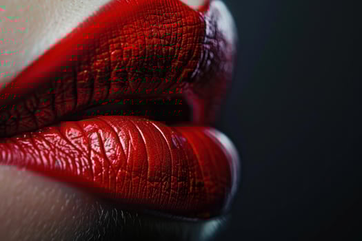 Woman showing red lipstick on lips macro photo