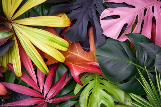 Colorful tropical leaves forming vibrant green yellow orange red pink exotic pattern photo