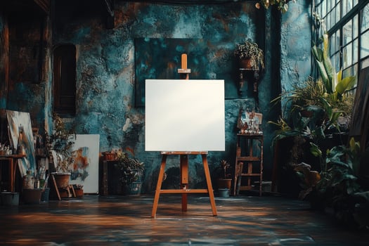 Blank canvas standing on easel in an art studio waiting for a painter photo
