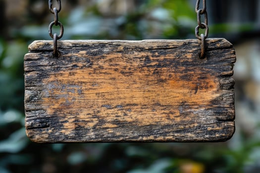 Old wooden sign hanging on rusted chains with blurred background photo