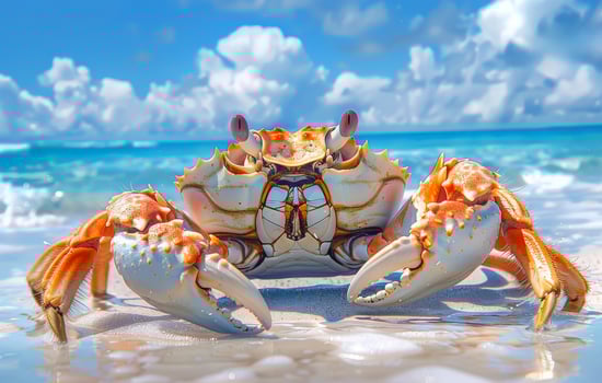 A crab is standing on the beach, looking out at the ocean. The scene is peaceful and serene, with the crab being the main focus of the image photo