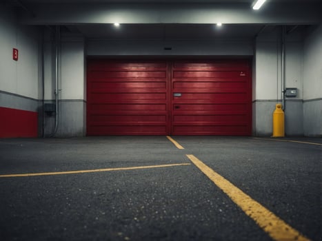 A red underground parking garage with a large red door. photo