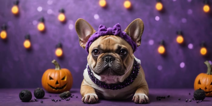 Cute French Bulldog dog wearing funny Halloween headbands with smiling bats on purple studio background. photo
