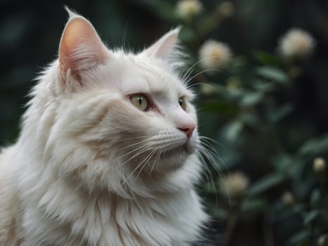 Close-up of a fluffy white and cream cat looking away. photo