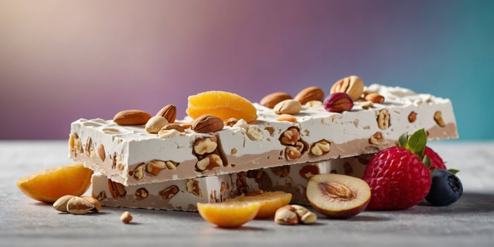 White nougat snack bars with nuts and fruits in front of studio background. photo