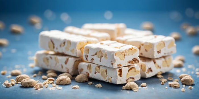 White nougat bars in front of blue background. photo