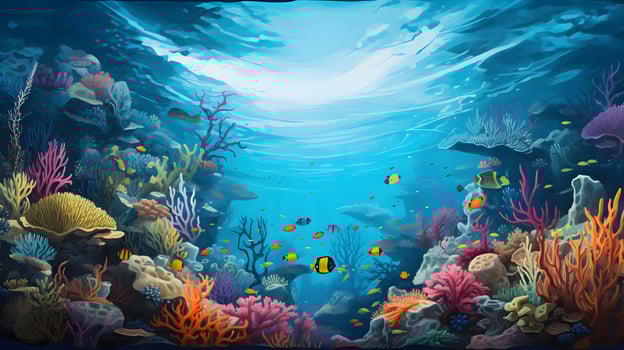 Beautiful underwater scenery with various types of fish and coral reefs photo
