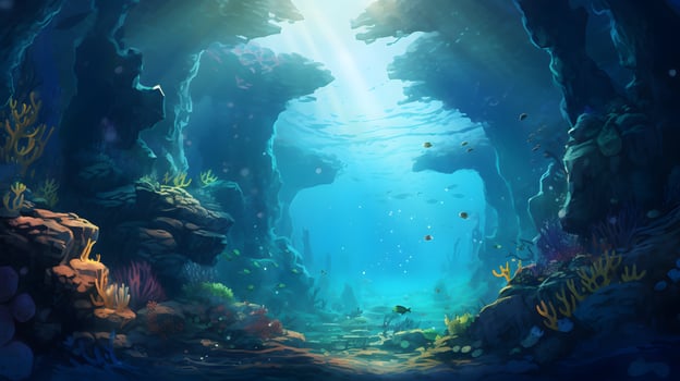 Beautiful underwater scenery with various types of fish and coral reefs photo