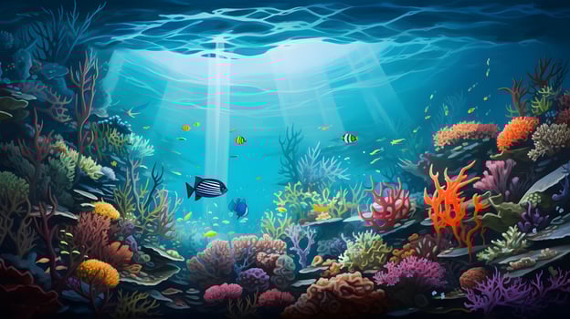 Beautiful underwater scenery with various types of fish and coral reefs photo