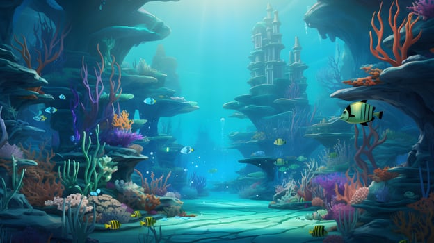 Beautiful underwater scenery with various types of fish and coral reefs photo
