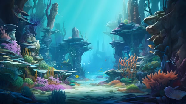 Beautiful underwater scenery with various types of fish and coral reefs photo